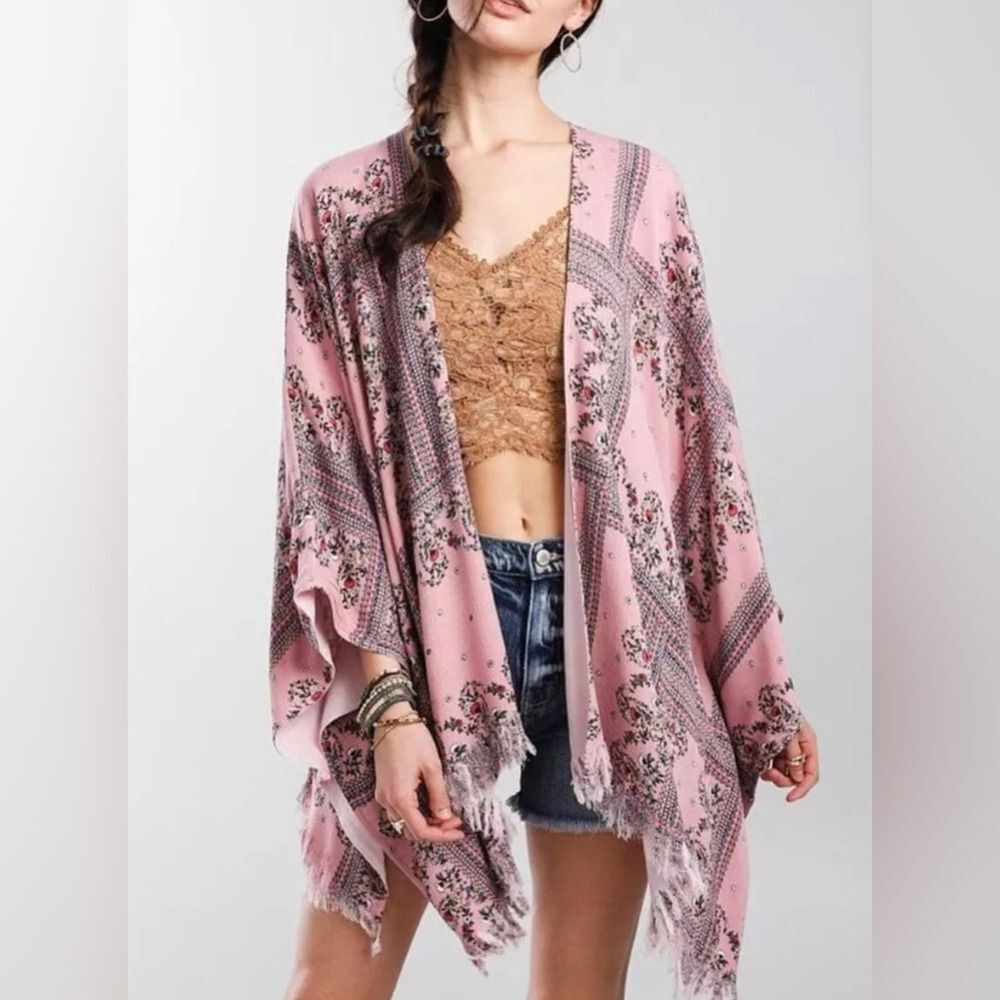Buckle Gimmicks Wide Arm Kimono Shawl Fringed Hem Size L